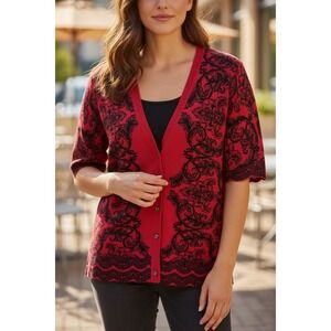Karen Scott Women's Red Black Damask Scroll Jersey Cardigan Sweater XXL NWT